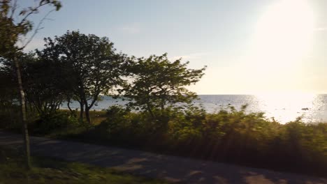 Menschen,-Die-Mit-Ihrem-Hund-Auf-Einem-Pfad-Am-Meer-In-Der-Nähe-Von-Visby,-Gotland-Spazieren-Gehen,-Bei-Sonnenuntergang,-Aus-Einem-Fahrenden-Fahrzeug-Betrachtet,-Warmer-Ton