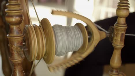 Vintage-detail:-Artisan-spins-wool-into-yarn-on-Nordic-spinning-wheel