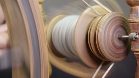 Full-frame-close-up:-Traditional-spinning-wheel-spindle-spinning-yarn