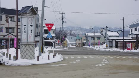 Countryside-small-town-establishing-shot-of-Oishida-in-Yamagata-Prefecture-of-Northern-Tohoku-Region-of-Japan