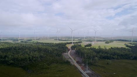 Wide-aerial-of-wind-farm-turbines-with-forest-in-foreground-on-Tasmania's-west-coast,-Australia