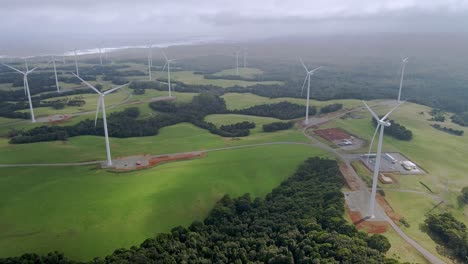 Clean-renewable-energy-wind-farm-electricity-generation-with-spinning-turbines-aerial-view-in-Tasmania,-Australia