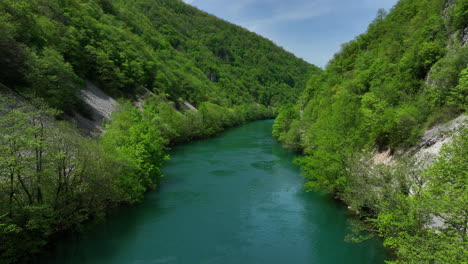 Una-Escena-Natural-Intacta-Que-Presenta-Un-Río-Claro-Flanqueado-Por-árboles-Recientemente-Verdes-Y-Un-Cielo-Apacible,-Visto-Desde-Arriba