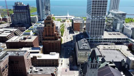 Aerial-Flyover-Downtown-Milwaukee's-Central-Financial-District