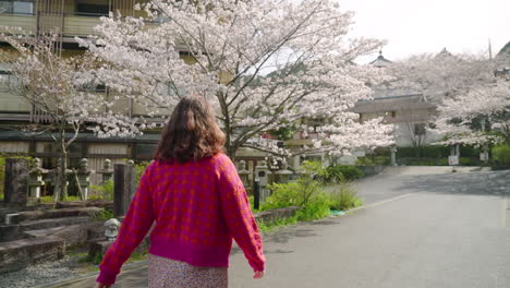 Woman-Strolling-Around-The-Tsubosaka-dera-Temple-With-Cherry-Blossoms-In-Bloom-In-Japan