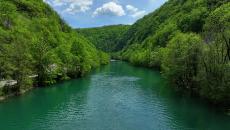 Low-aerial-shot-of-a-clear-green-river-surrounded-by-lush,-newly-leafed-trees-in-early-spring,-under-a-sky-with-scattered-clouds