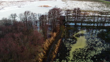 Ruta-De-Senderismo-A-Una-Torre-De-Observación-De-Aves-En-Invierno,-Aérea