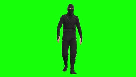 3D-ninja-shinobi-character-walking-on-green-screen-seamless-loop-3D-animation,-front-view
