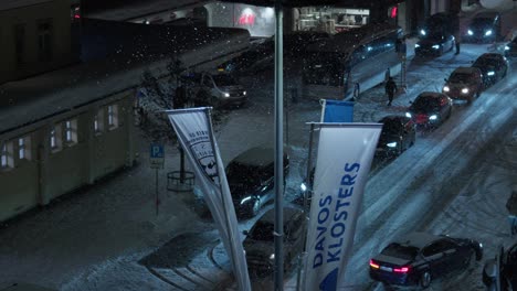Night-time-shot-showing-the-main-road-outside-of-the-train-station-of-Davos-during-the-World-Economic-Forum