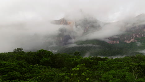 Dichter-Regenwald-Mit-Angel-Falls-Im-Hintergrund-Bei-Nebligem-Sonnenaufgang-In-Canaima,-Venezuela