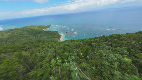 Stunning-FPV-dive-down-green-jungle-to-exotic-Caribbean-sand-beach,-summer