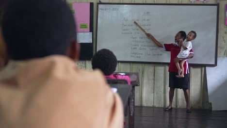 POV-Einheimische-Papua-Kinder-Schüler-In-Der-Klasse-Indonesischer-Lehrer-Erklärt-In-Der-Front