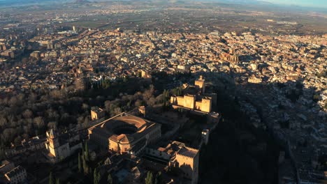 Aerial-Flying-Over-Alhambra-During-Golden-Hour-Sunset,-Granada,-Spain