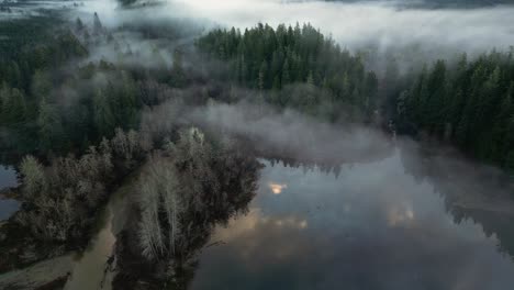 Aerial-view-of-Secluded-Scenic-Lake-and-Foggy-Trees-at-Sunrise