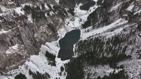Birds-Eye-View-of-Small-Lake-In-Between-Mountain-Valley-Covered-in-Evergreens-and-Snow