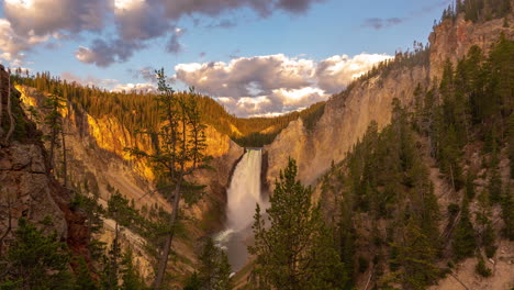 Timelapse,-Lower-Falls-in-Yellowstone-National-Park,-Wyoming-USA,-Clouds-Moving-Above-Sunny-Landscape