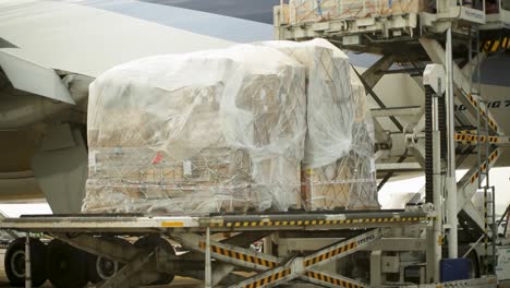 Carga-Aérea-Cargada-En-Un-Avión,-Con-Paletas-Bien-Envueltas-En-Un-Transportador