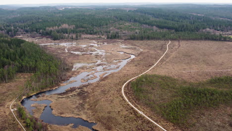 Aerial-View-of-Expansive-Wetland-and-Hiking-Boardwalk-in-Northern-Europe