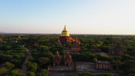 Flying-over-the-beautiful-bright-golden-Dhammayazika-Pagoda-surrounded-with-lush,-green-trees-in-Myanmar---Aerial-shot