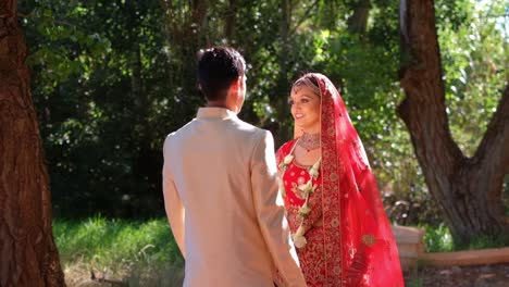 Der-Indische-Hinduistische-Bräutigam-Geht-Im-Freien-Auf-Seine-Braut-Zu-Und-Küsst-Sie-Auf-Die-Wange