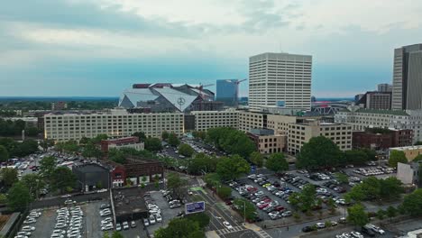 City-Parking-Lots-With-Mercedes-Benz-Stadium-In-The-Background-In-Atlanta,-Georgia,-United-States