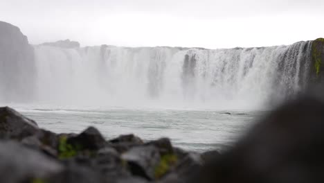 Majestic-Landscape-of-Iceland,-Godafoss-Waterfall-on-Cloudy-Day,-Slow-Motion