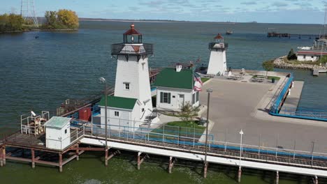 Aerial-view-of-Green-Bay-Wisconsin-harbor-lighthouses-in-the-marina