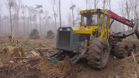 Una-Toma-Deslizante-De-Una-Excavadora-De-árboles-En-Medio-De-Un-Bosque-Destruido