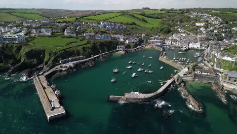 Mevagissey-Village-Harbor-in-Cornwall-from-an-Aerial-Drone-Shot,-UK