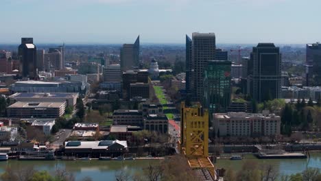Panning-to-the-left-drone-shot-of-downtown-Sacramento-and-California-state-capital