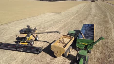 Harvested-corn-being-transferred-to-a-trailer-from-a-combine---aerial-view