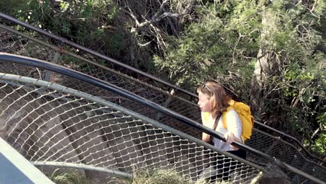 Excursionista-Femenina-Llegando-A-La-Cima-De-Escalones-Empinados-Montañas-Azules-Australia