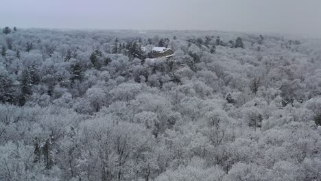 Flug-über-Baumwipfel-Zur-Hütte,-Bewölkte-Winterlandschaft,-Luftaufnahme