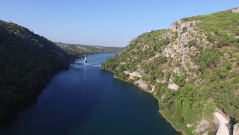 Aerial-shot-of-a-river-near-Krka-National-Park-in-Croatia-in-the-morning