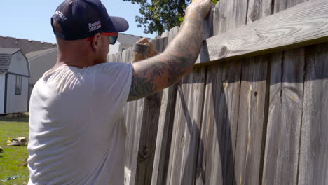 Repairman-attempts-to-pry-privacy-fence-from-rotten-post