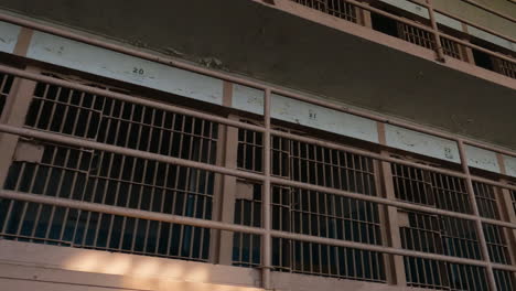 Alcatraz-Prison-Interior,-B-Block-of-Cellhouse,-Closed-Prison-Cells-and-Gallery,-Panorama,-California-USA