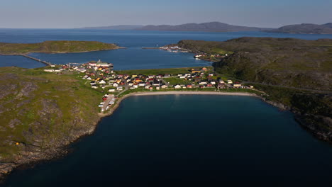 Aerial-view-around-the-Bygones-fishing-village,-summer-sunset-in-North-Norway