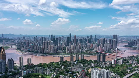 The-Panoramic-View-Of-Blue-Sky-Clouds-Passing-Over-Midtown-Commercial-Residential-Towers-And-Modern-Skyscrapers-Skyline-Buildings-Metropolis-Scene-City-With-Traffic