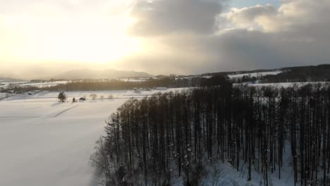4K-drone-footage-of-snowy-fields,-trees,-mountains,-and-villages-in-the-rural-ski-town-of-Niseko,-Japan-during-sunset-and-golden-hour