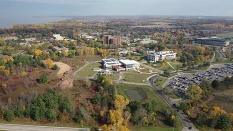 Aerial-drone-view-of-the-University-of-Wisconsin-Green-Bay-college-campus-in-the-fall