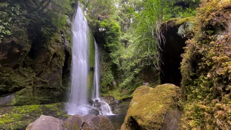 Reveal-shot-from-mossy-rock-to-waterfall-in-lush-green-forest,-Korokoro-Falls,-New-Zealand