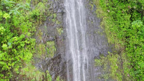 Imágenes-Aéreas-De-La-Pared-Rocosa-De-La-Empinada-Cascada-En-Las-Cataratas-Mao-a-En-La-Isla-Hawaiana-De-Oahu,-Las-Cataratas-Están-Bordeadas-De-Exuberantes-Helechos-Y-Vegetación-De-Selva-Tropical