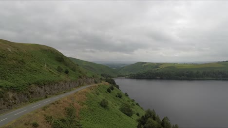 Clywedog-Reservoir-in-Wales-with-drone-video-moving-forward-and-up