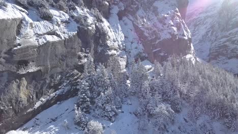 Aerial-dolly-move-of-a-little-foresthidden-at-the-swiss-alps-in-a-cold-winter-day