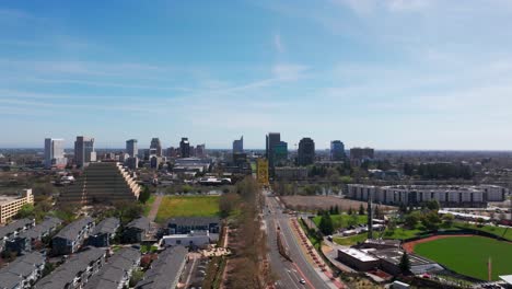 Distant-drone-shot-showing-all-of-downtown-Sacramento,-California