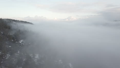 Aerial,-drone-shot,-through-a-thick-fog-cloud,-over-forest-and-hills,-on-a-foggy,-fall-morning,-in-Birkeland,-Aust-Agder,-South-Norway