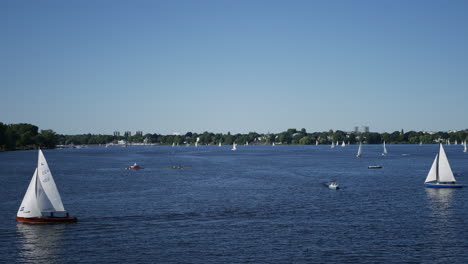 People-enjoy-different-water-sports-at-sunny-day-on-Outeralster-Lake-in-Hamburg-driving-a-sailing-boat,-row-boats,-pedal-boats