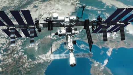 Hochdetaillierte-Fotorealistische-VFX-Aufnahme-Der-Internationalen-Raumstation-In-Niedriger-Erdumlaufbahn,-Mit-Blick-Auf-Die-Erde-Von-Oberhalb-Der-ISS,-Während-Sich-Der-Planet-Darunter-Dreht,-Während-Die-Kamera-Zurückschwenkt