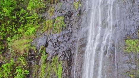 Imágenes-Aéreas-De-La-Pared-Rocosa-De-Una-Cascada-Muy-Alta-Y-Empinada-En-La-Selva-Tropical-De-La-Isla-De-Oahu,-Hawaii,-Mao&#39;a-Falls
