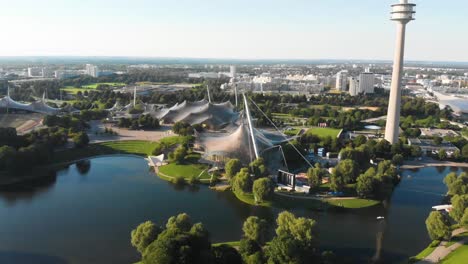 Grdual-Forward-Drone-Shot-towards-Olympic-Stadium---Tower-in-Germany,-Munich